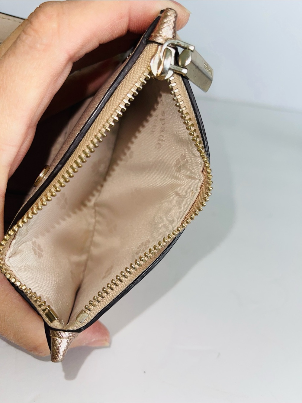 Kate Spade Metallic Rose Gold Saffiano Leather Small Slim Bifold Wallet - Picture 5 of 9